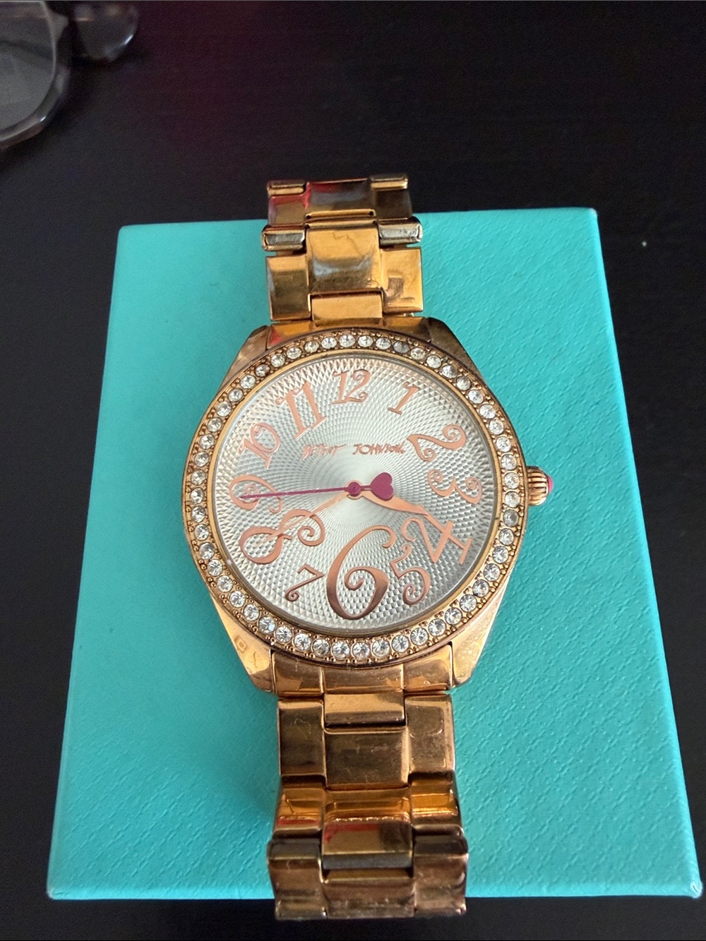 Betsey Johnson Rose Gold Tone Crystal Bezel Heart Accent Watch